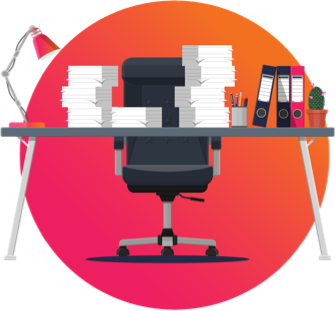 Illustration of busy office desk with paperowrk